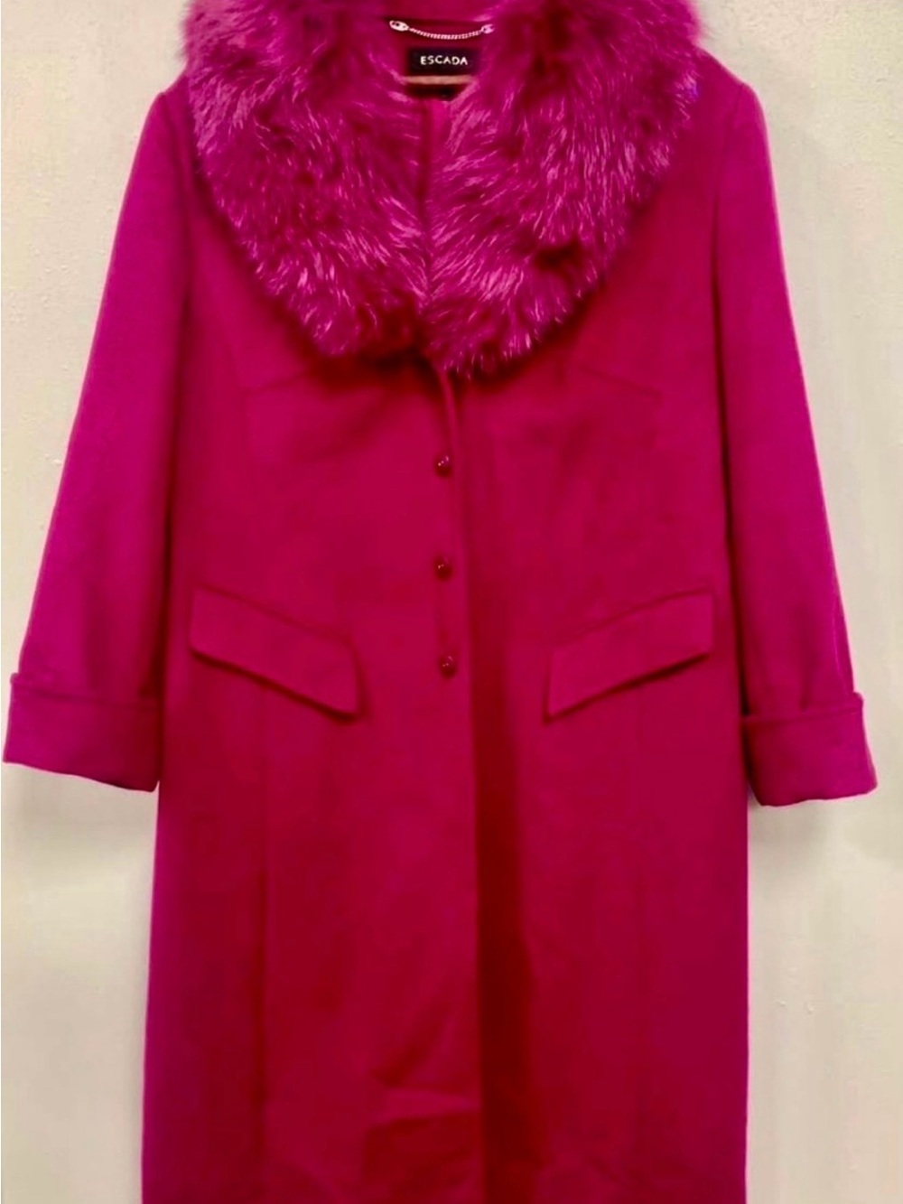 Escada Bright Fuchsia Wool Trench Coat with Faux Fur Collar